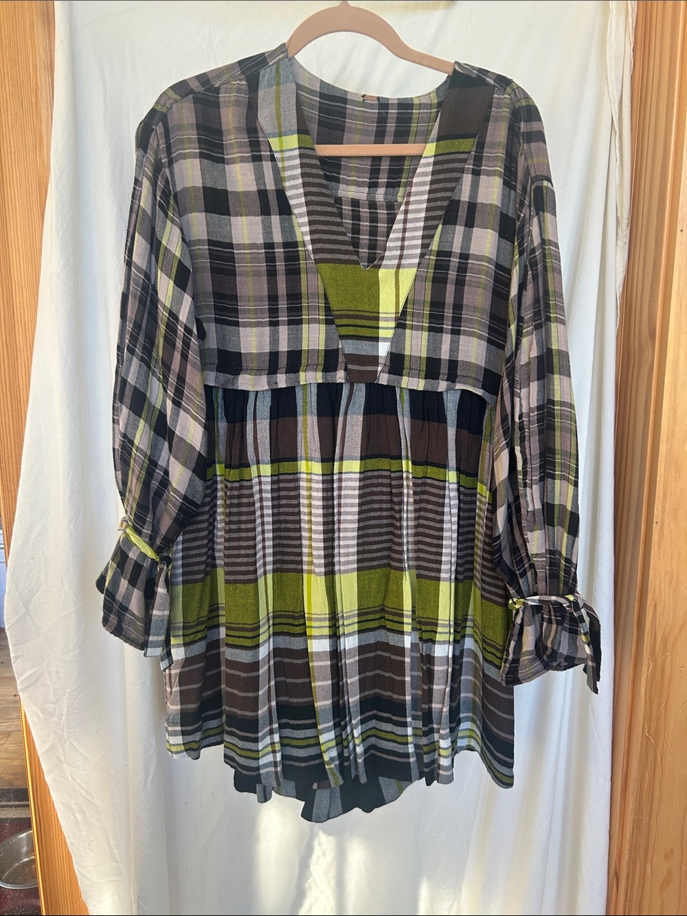 Free People Olive & Black Plaid V-Neck Tunic